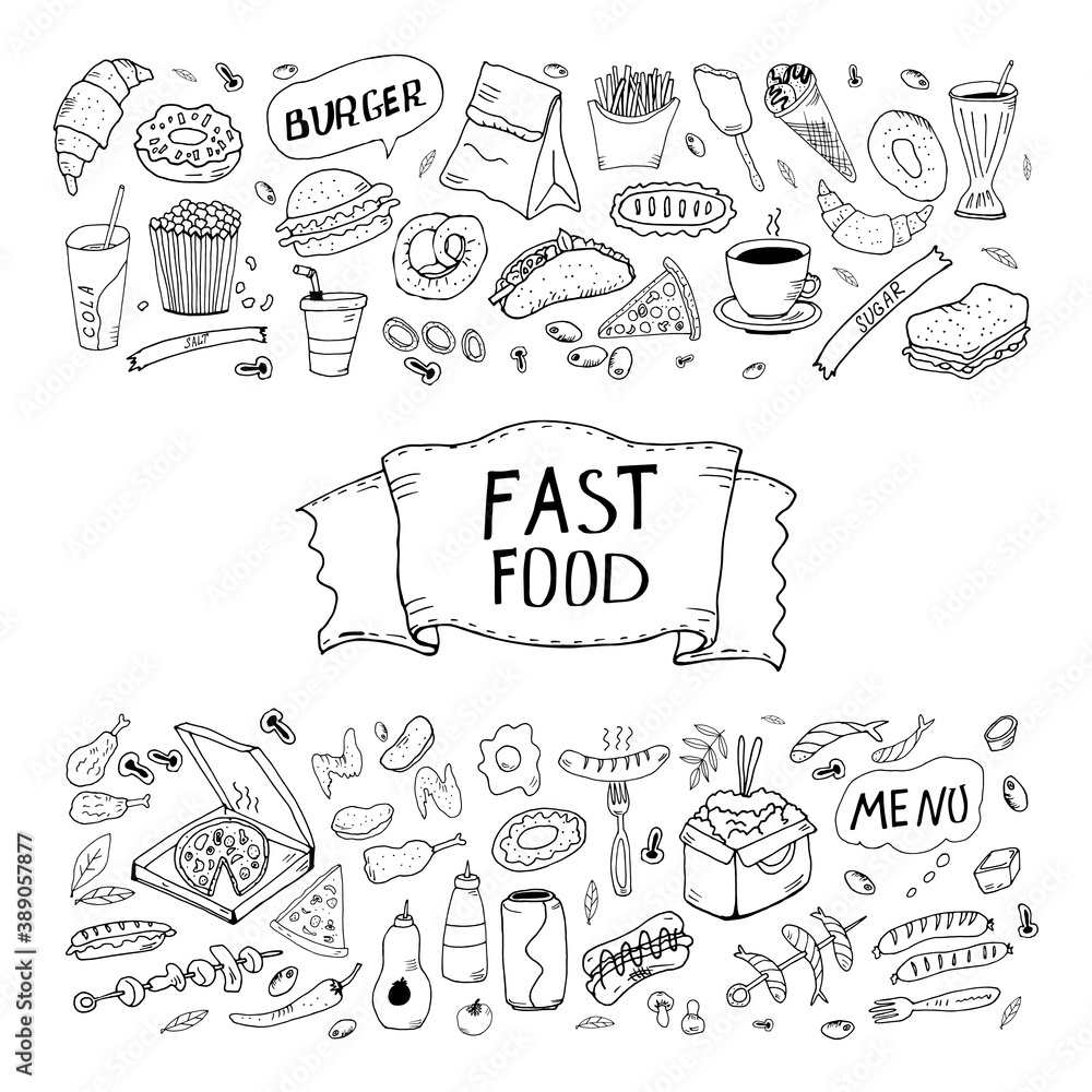 Set of hand drawn doodle fast food icons. Hand drawn doodle set Fast food. Vector illustration. Junk food items collection. Cartoon snack different sketch icon: soda, hamburger, french fries, hot dog, Set of hand drawn doodle fast food icons. Hand drawn doodle set Fast food. Vector illustration. Junk food items collection. Cartoon snack different sketch icon: soda, hamburger, french fries, hot dog,