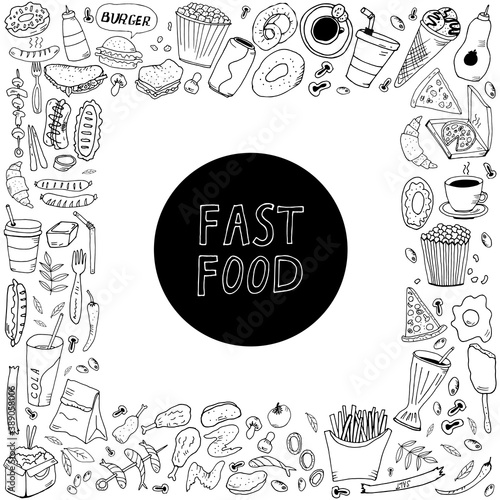 Set of hand drawn doodle fast food icons. Hand drawn doodle set Fast food. Vector illustration. Junk food items collection. Cartoon snack different sketch icon: soda, hamburger, french fries, hot dog,