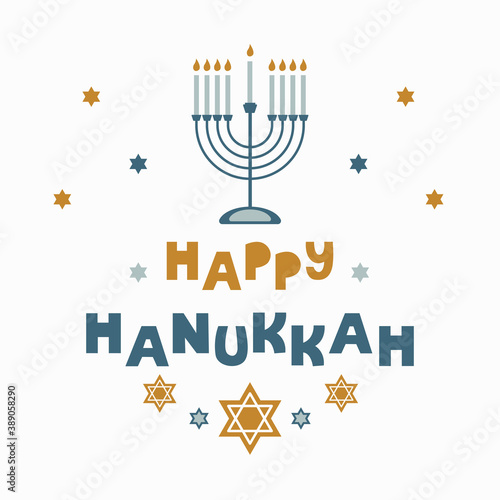 Happy hanukkah greeting card with creative symbols in flat style on white background. Modern vector design 