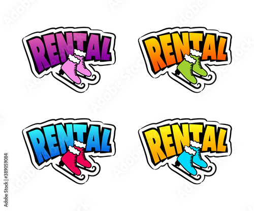 Hand Drawn Skate Rental Logo in pop art style isolated on white background. Winter equipment emblem for stickers and badges. Vector illustration for sports and rental projects.