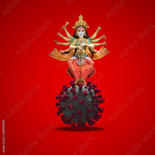 Indian Religion Festival Durga Puja, killing coronavirus by trishul Durga,  coronavirus durga puja,Happy Durga Puja Subh Navratri,covid-19, corona virus concept.