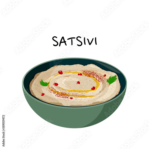 Popular Georgian dish Satsivi made with chicken and walnuts. Vector realistic illustration. Traditional cuisine.