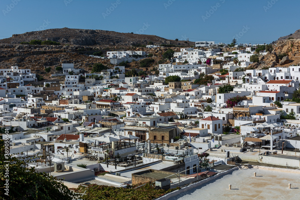 Lindos village, Rhodes island, Greece - 25-oct-2020 : White village Lindos on Rhodes Island . Greece