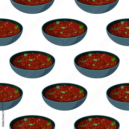 Lobio in ceramic bowl decorated with cilantro background. Delicious vegetarian Georgian meal made of stewed beans seamless pattern.