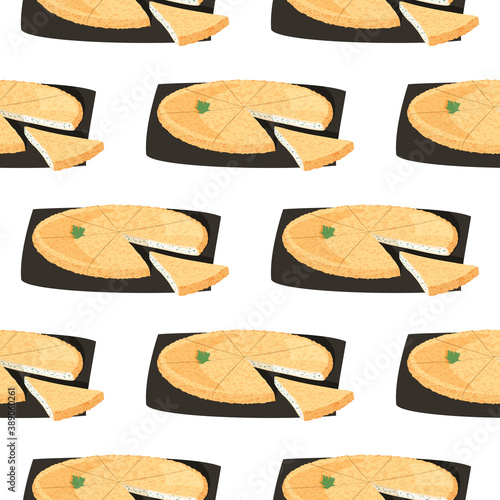 Traditional Georgian dish Khachapuri background. Baked bread filled with cheese, butter and egg. Caucasian meal seamless pattern.