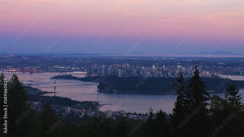 Aerial view of city of Vancouver, Canada during colourful dusk