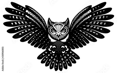 Flying owl with spread wings. Vector monochrome illustration. Template for poster design