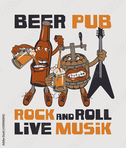Banner for Rock and roll pub with inscriptions pub, rock-n-roll, beer, best in town. Vector illustration in a cartoon style with a fun beer bottle and a barrel that hold the guitar and glasses of beer