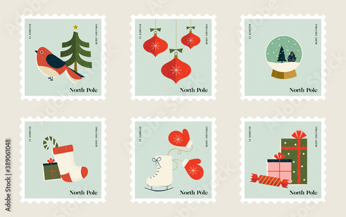 Christmas Stamps for Mailing Letters to Santa at the North Pole Featuring ice skates  snow globes  gifts  stockings  ornaments  christmas trees and birds 