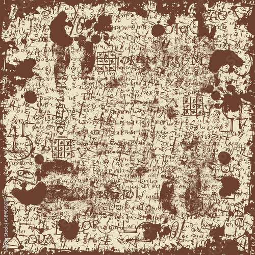Abstract background with brown illegible handwritten Lorem Ipsum text, blobs and fingerprints on a beige backdrop. Artistic vector illustration with delusional notes in retro style © paseven