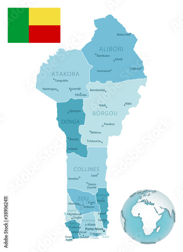 Benin administrative blue-green map with country flag and location on a globe.