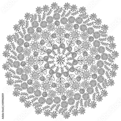 Contour zen mandala of doodle flowers with spiral centers and ornate leaves, antistress coloring page with plant elements arranged in a circle