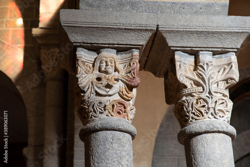 Old column capital in a church in France in the city le Puy en Velay