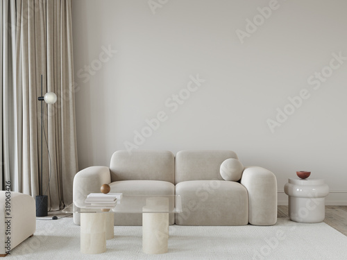living room in beige tones with a stylish sofa, a glass table…