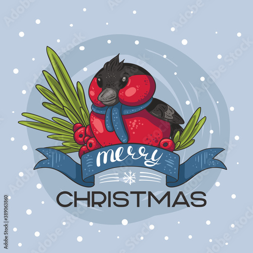 Illustration of bullfinches in spruce branches with berries. "Merry Christmas" sign, ribbon
