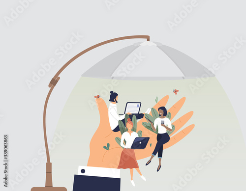 Tiny office workers sitting on huge hand under umbrella. Concept of good comfortable environment at work, favorable psychological climate,high pay and freedom of creativity for employees. Vector