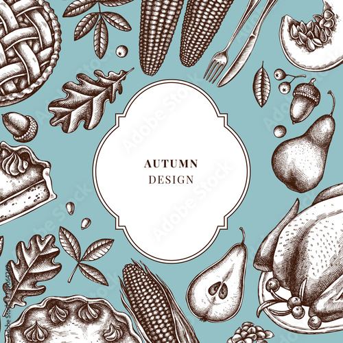 Badge over design with pumpkin, fork, knife, pears, turkey, pumpkin pie, apple pie, corn, apples, rowan, maple, oak