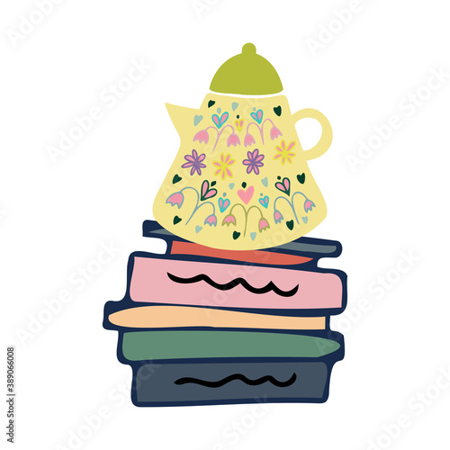 Isolated vector colorful illustration design tile of books with tea pot