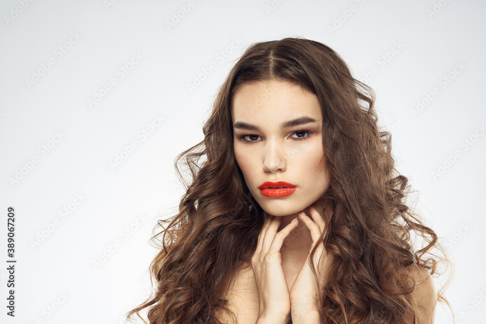 Elegant woman with bare shoulders red lips glamor attractive look cropped look Elegant woman with bare shoulders red lips glamor attractive look cropped look