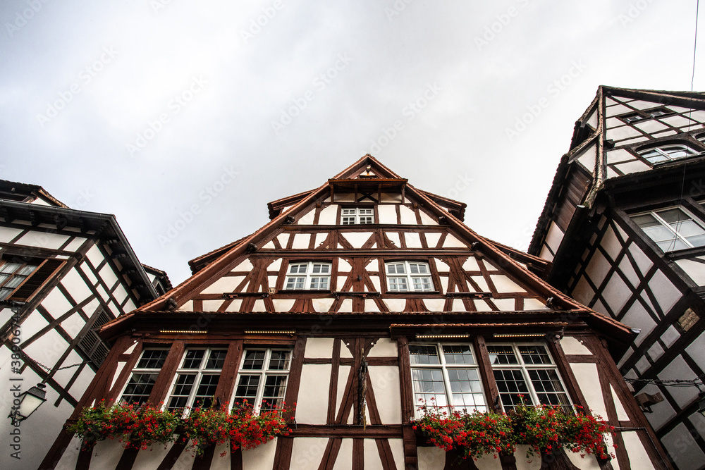 Example of beautiful old architecture on half timbered buildings seen from Strasbourg France