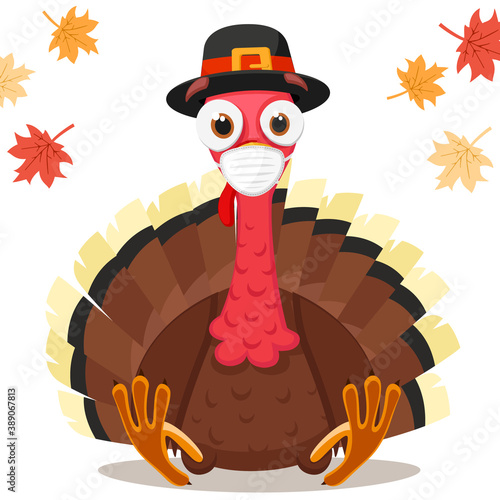 Turkey bird in a medical mask, coronavirus concept. Thanksgiving Day