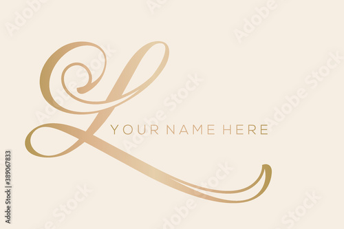 Letter L logo.Calligraphic golden icon isolated on light background.Hand drawn typographic shape with uppercase ornate lettering.Alphabet initial character with organic decorations. Luxury style.