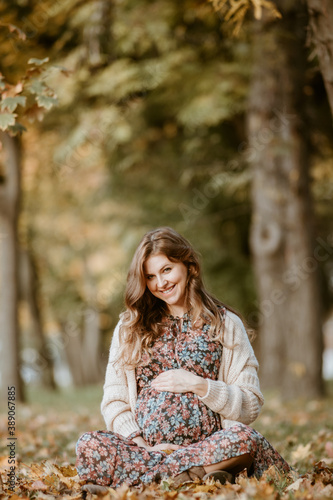 Beautiful pregnant woman sitting in the park