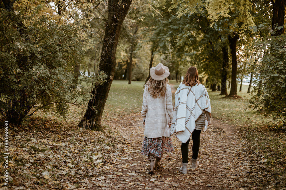 Two ladies walking in the park from behind Two ladies walking in the park from behind
