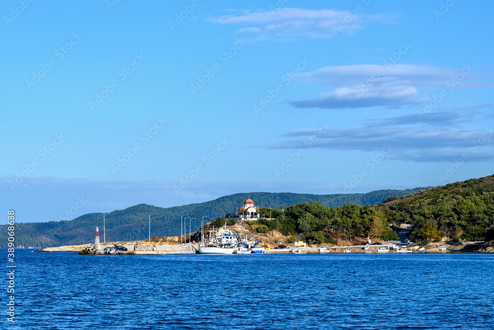 Village and port by the sea in Nea Roda, Halkidiki, Greece