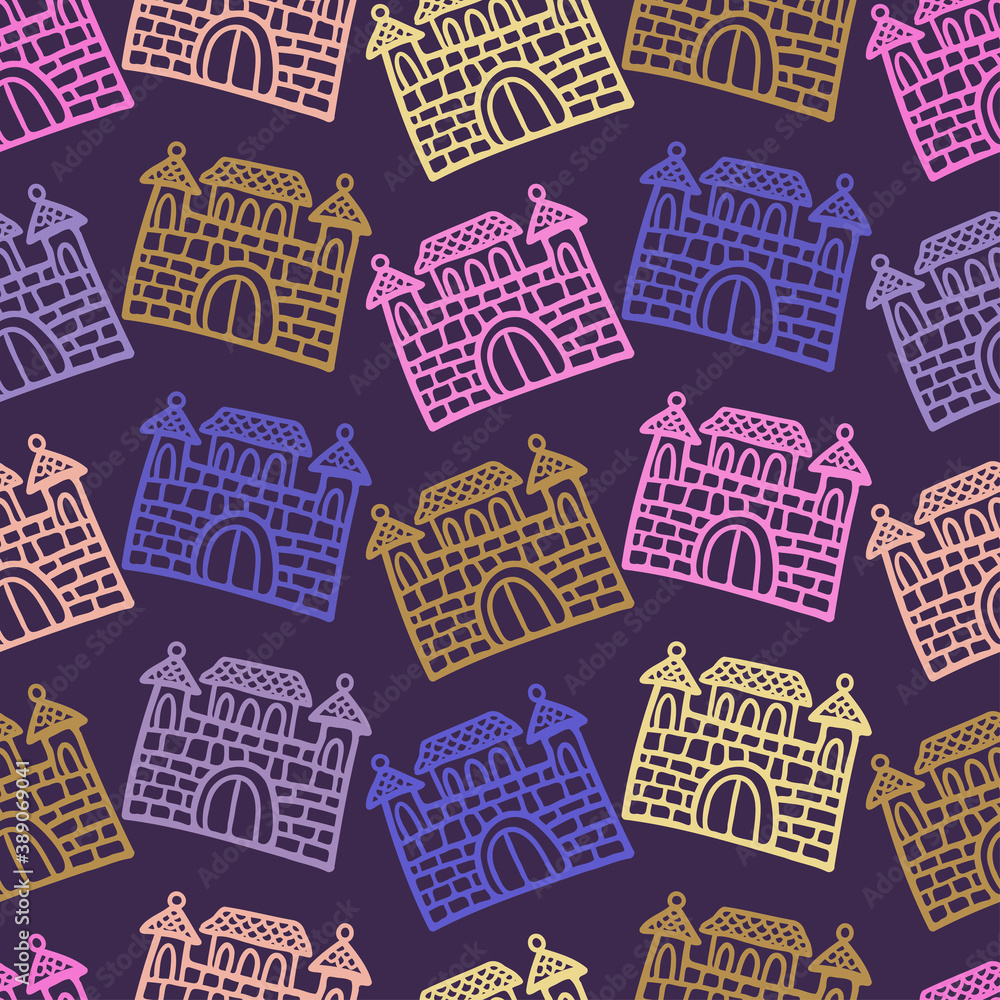 Seamless vector colorful illustration pattern design of silhouette of medieval cartoon castle