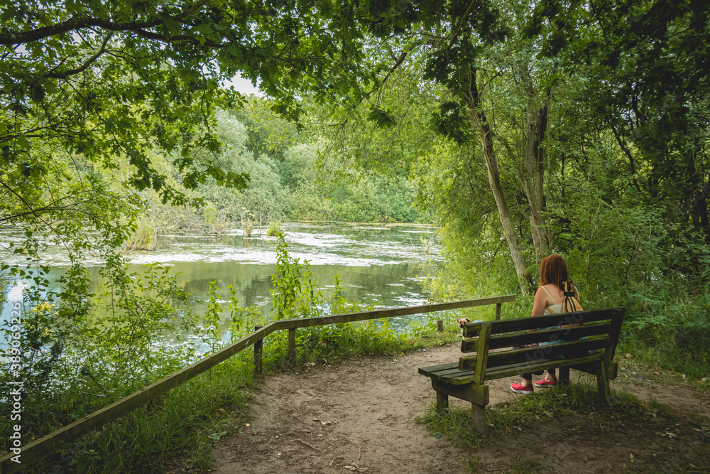 woman in contemplative mood on park bench by pond woman in contemplative mood on park bench by pond