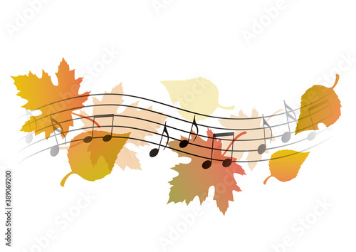 Autumn melodies, musical notes
Illustration of wavy music notation with autumn leaves symbolizing autumn song. Vector available.