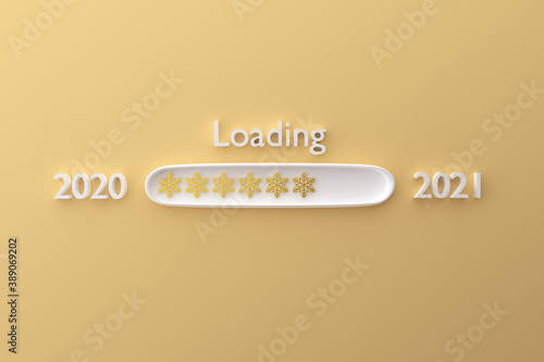 Christmas 2021 loading with golden snowflakes on pastel yellow background, 3d render
