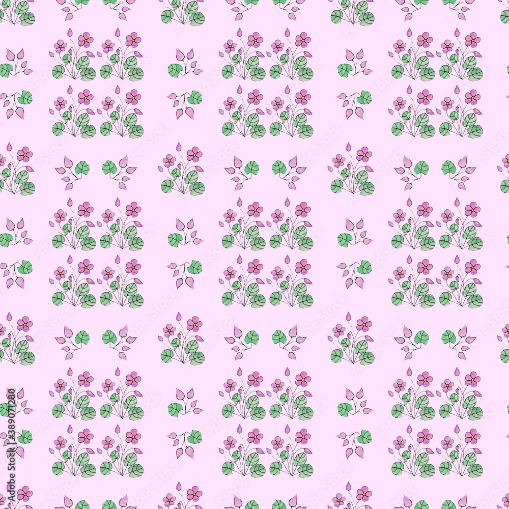 pattern with violet flowers on a pink background