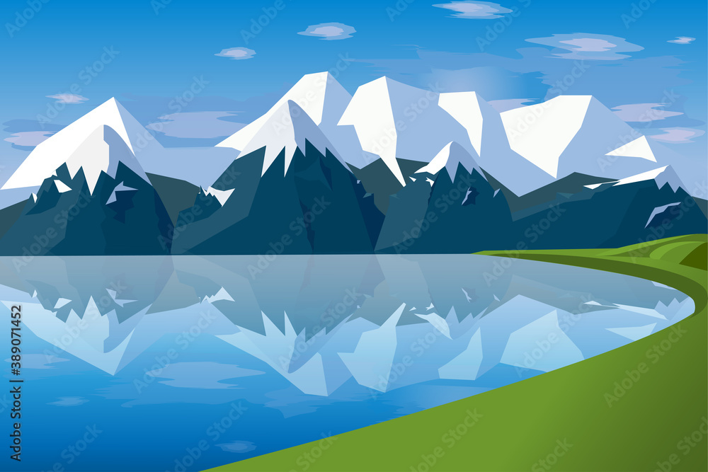 Banner design with polygonal landscape in the background of mountains. Vector illustration, flat style