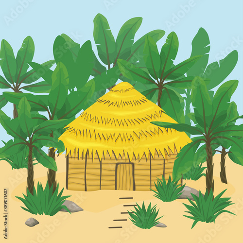 Bungalow in a tropical climate. Beach with palm trees and a hut.