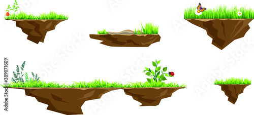 Set of game elements. Vector platforms with grass, flowers, bushes, mushrooms and insects - butterfly and ladybug for mobile game.
