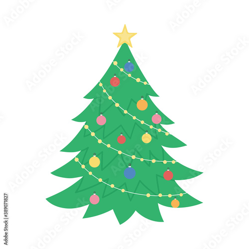 Vector decorated Christmas tree isolated on white background. Cute funny illustration of new year symbol. Flat style picture of fir or spruce tree for decorations or design..