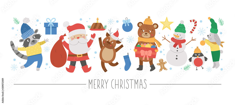 Vector horizontal set with flat Christmas characters and elements. Card template design with Santa Claus, funny animals, snowman, present. Cute winter or new year border..