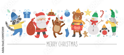 Vector horizontal set with flat Christmas characters and elements. Card template design with Santa Claus, funny animals, snowman, present. Cute winter or new year border..