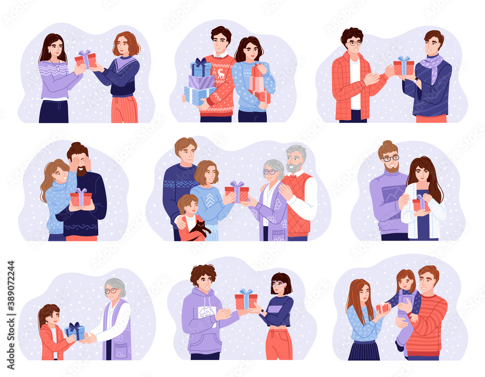 Collection of people exchanging christmas gifts. Family members and friends wishing each other merry christmas. Hand-drawn characters. Vector illustrations.