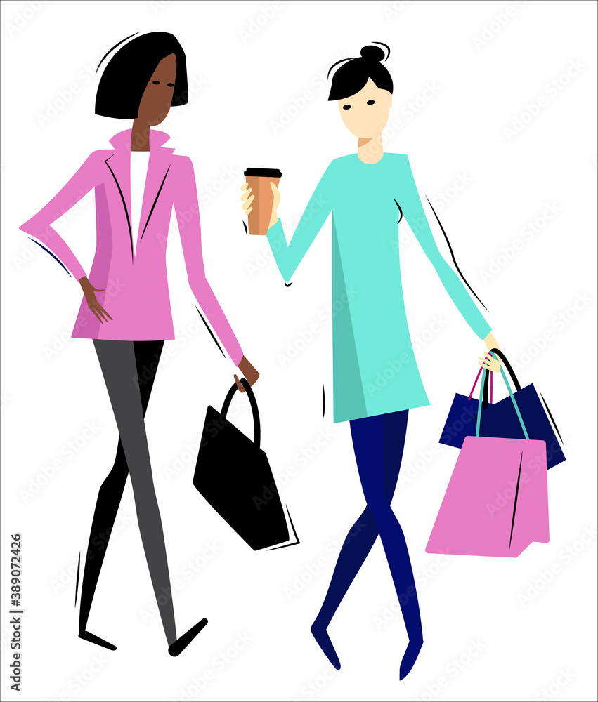 Happy young women with shopping bags walking. Flat Vector illustration