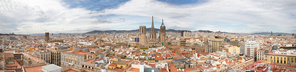 Barcelona - The panorama of the city with the old Cathedral in the centre.