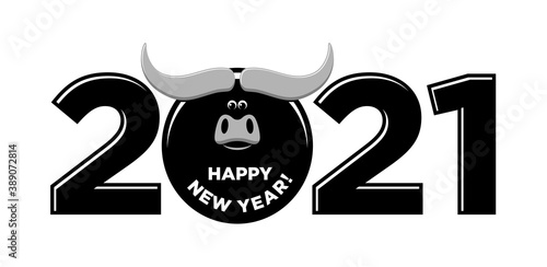 2021 year Logo design. Chinese new year of ox. Metal ox horoscope sign. New year funny symbol. Flat vector Ox sign isolated on transparent  background