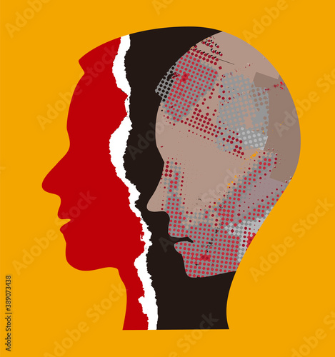 Schizophrenia male head silhouettes.
Illustration with stylized male heads on grunge texture symbolizing schizophrenia,  Depression,bipolar disorder. Vector available.