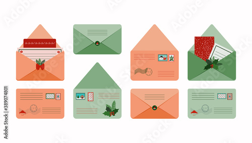 Christmas postcards and cute multicolored letters.Postcard to a loved one, friend, family.Letters for Santa on an isolated white background. 