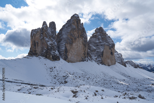 Tre Cime di Lavaredo in Italian Dolomites with snow october 2020
