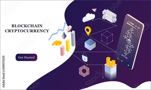 Modern flat design isometric background of blockchain and cryptocurrency for banner and website. Landing page template. Virtual cash transaction, cryptocurrency blockchain concept. Vector illustration