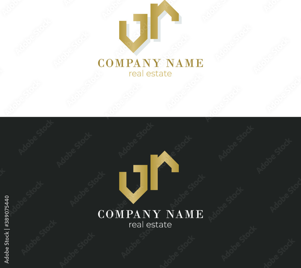 Obraz premium Real estate vector logo design. White and gray background with gold yellow house symbol business card. VR V R letter company logo.