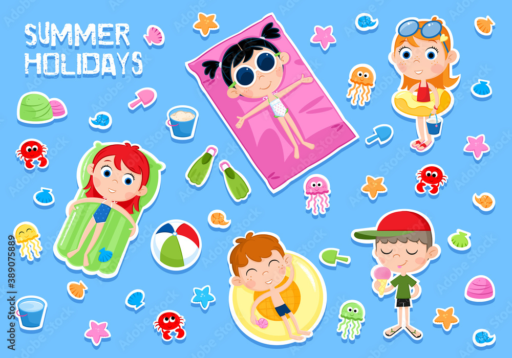 Fototapeta premium Kids and Summer holidays - Set - Cartoon illustration suitable for summer party invitations, greeting cards, kids party card template - Beach elements - Isolated